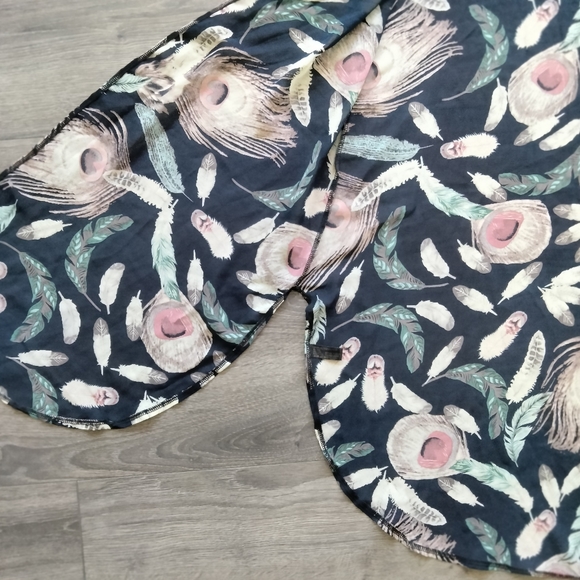 Feather Print Navy Open Front Kimono Cover Up Short Sleeve Size S/M - Picture 4 of 10